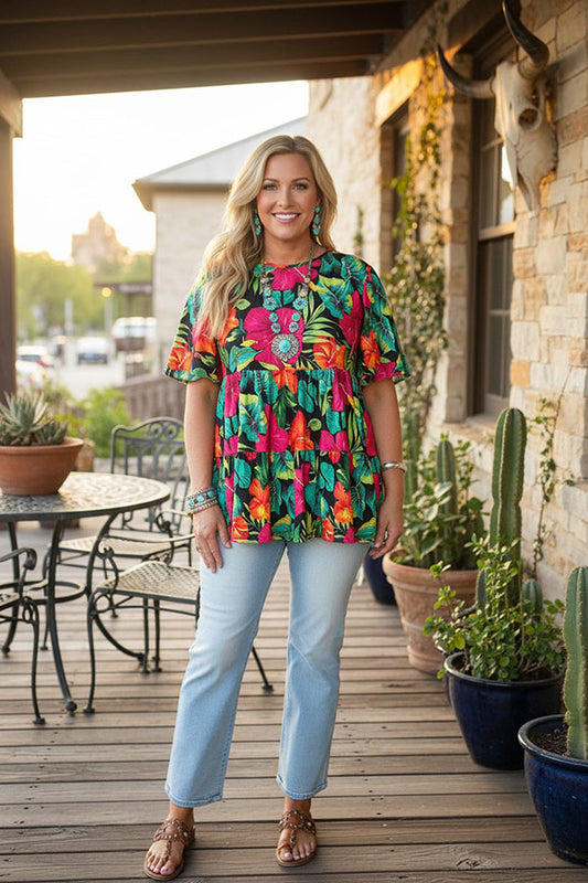 Trendy floral short sleeve women boutique blouse Southern Stitch GJQ16397
