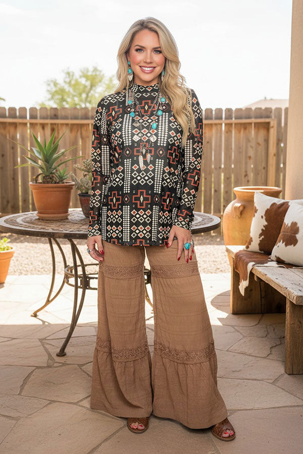 Western turquoise prints mesh women boutique shirt Southern Stitch GJQ17229