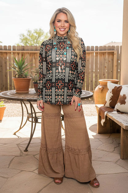 Western turquoise prints mesh women boutique shirt Southern Stitch GJQ17229