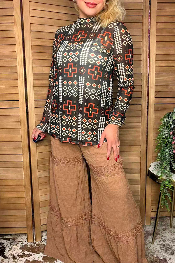 Western turquoise prints mesh women boutique shirt Southern Stitch GJQ17229