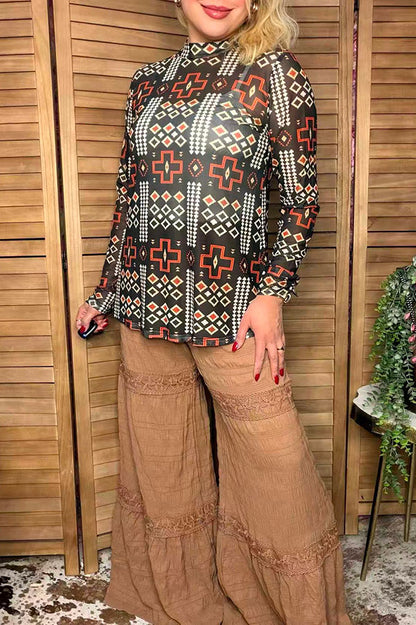 Western turquoise prints mesh women boutique shirt Southern Stitch GJQ17229