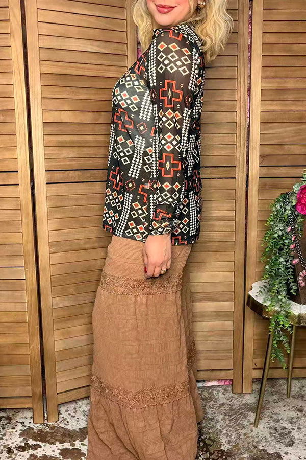 Western turquoise prints mesh women boutique shirt Southern Stitch GJQ17229