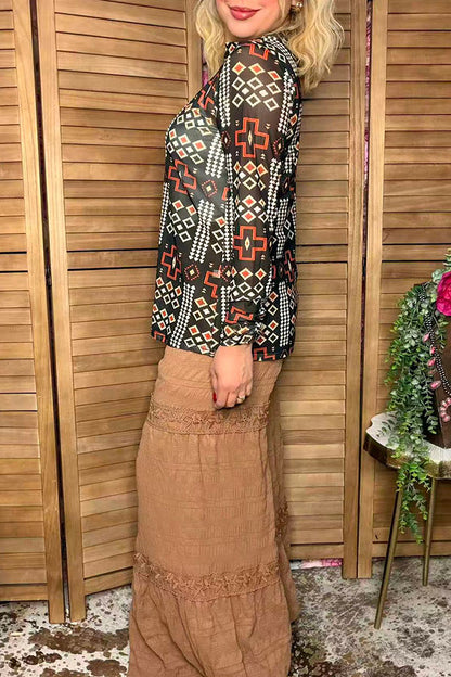 Western turquoise prints mesh women boutique shirt Southern Stitch GJQ17229