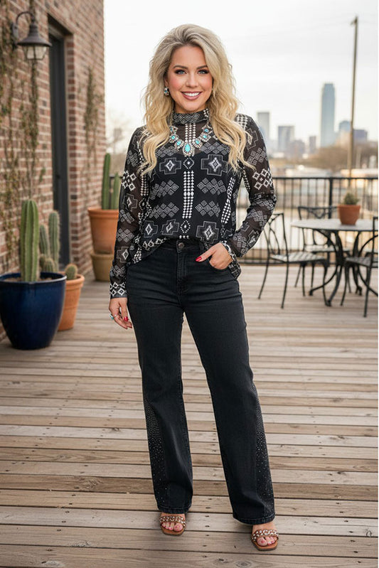 Western chic aztec printed sheer long sleeve women botuique top Southern Stitch GJQ17238