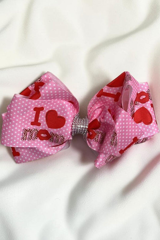 Chic double layer rehinestone 7.5"  I LOVE MOM print boutique girls hairbow $12 for 12pc