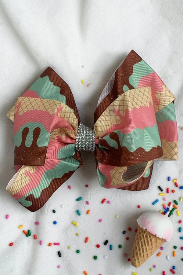 Chic double layer rehinestone 7.5" ice cream cone print boutique girls hairbow $12 for 12pc