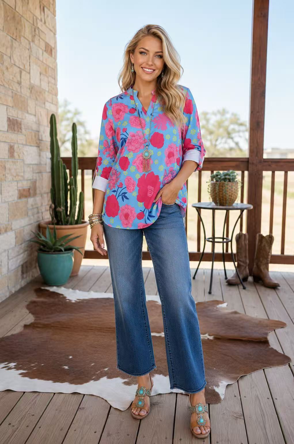 Trendy floral print women's boutique top Southern Stitch XCH16208