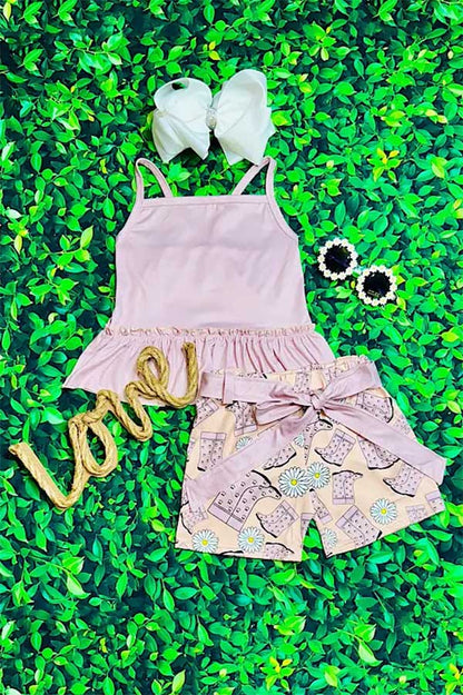 Western cream top boots print shorts 2pc girls boutique sets 12373MZ