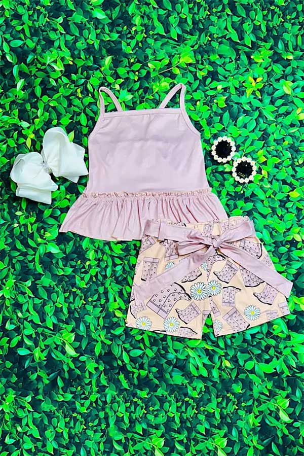 Western cream top boots print shorts 2pc girls boutique sets 12373MZ