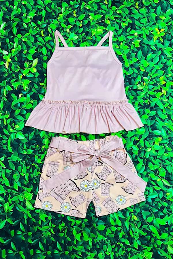 Western cream top boots print shorts 2pc girls boutique sets 12373MZ
