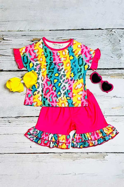 Western leopard print ruffle top & shorts 2pcs girls boutique set XCH0777-17H