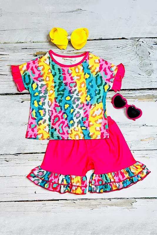 Western leopard print ruffle top & shorts 2pcs girls boutique set XCH0777-17H