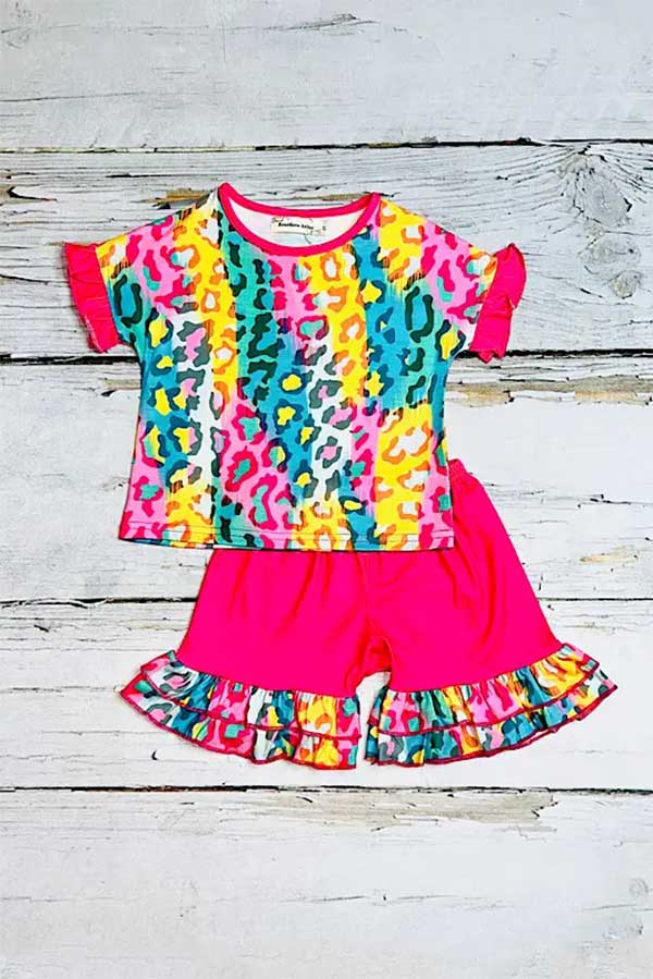 Western leopard print ruffle top & shorts 2pcs girls boutique set XCH0777-17H