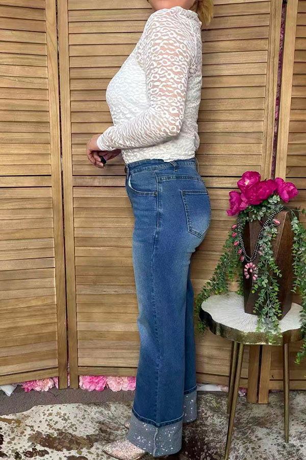 Western denim blue wide leg pant rhinestone women's boutique jeans Southern Stitch S027