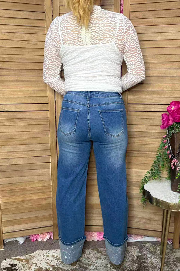 Western denim blue wide leg pant rhinestone women's boutique jeans Southern Stitch S027