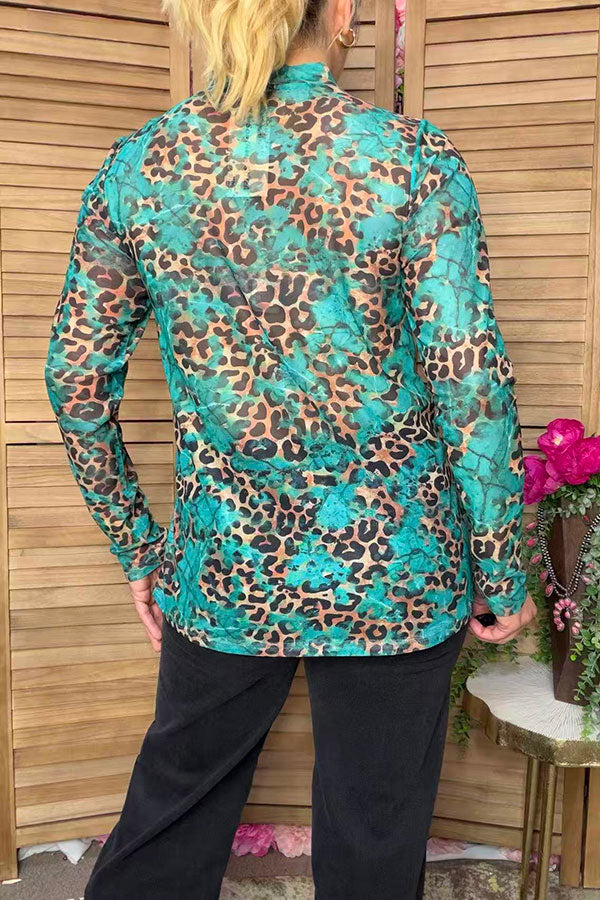 Western turquoise leoopard sheer long sleeve women's boutique top Southern Stitch GJQ17242