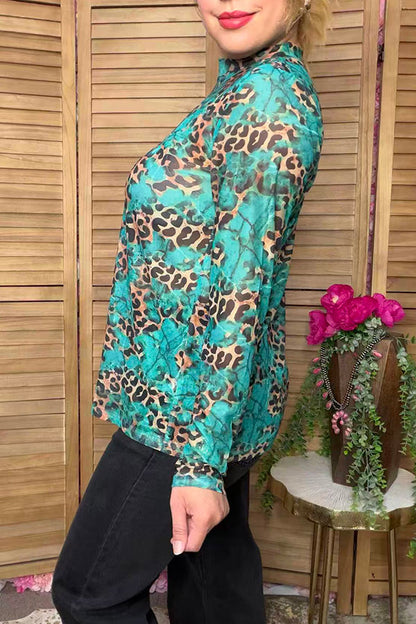 Western turquoise leoopard sheer long sleeve women's boutique top Southern Stitch GJQ17242