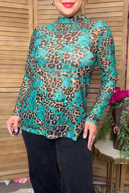 Western turquoise leoopard sheer long sleeve women's boutique top Southern Stitch GJQ17242