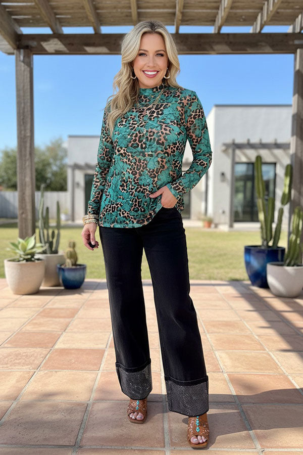 Western turquoise leoopard sheer long sleeve women's boutique top Southern Stitch GJQ17242