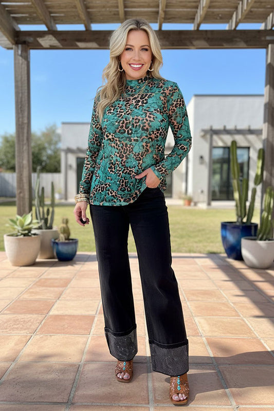 Western turquoise leoopard sheer long sleeve women's boutique top Southern Stitch GJQ17242