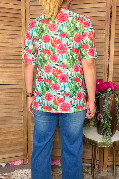 Chic floral print sheer short sleeve women's boutique top Southern Stitch GJQ17271
