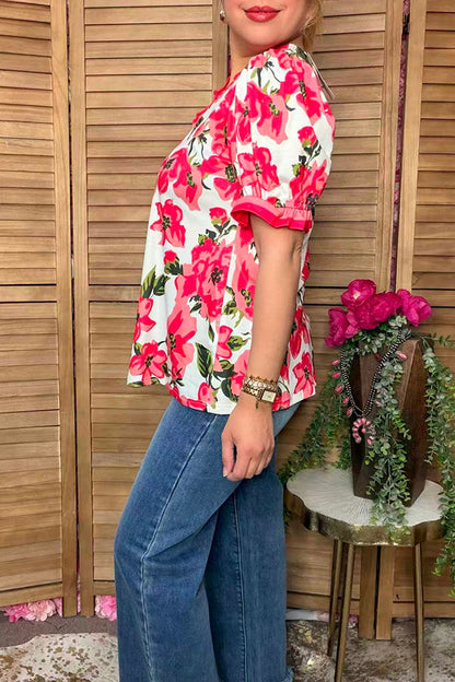Trendy pink floral women's boutique blouse w/stripe trim v-neck Southern Stitch GJQ17225