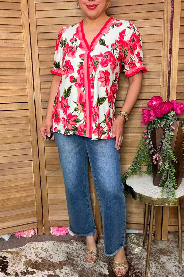 Trendy pink floral women's boutique blouse w/stripe trim v-neck Southern Stitch GJQ17225