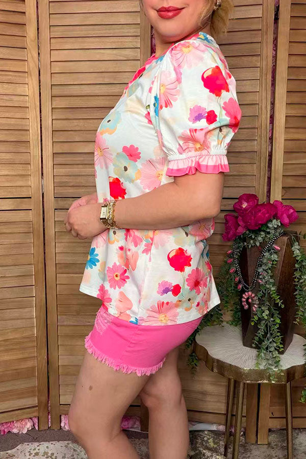 Trendy floral print women's boutique blouse w/stripe trim v-neck Southern Stitch GJQ17223