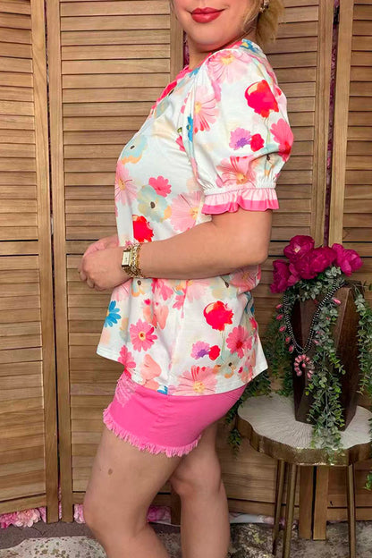 Trendy floral print women's boutique blouse w/stripe trim v-neck Southern Stitch GJQ17223