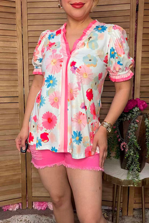 Trendy floral print women's boutique blouse w/stripe trim v-neck Southern Stitch GJQ17223