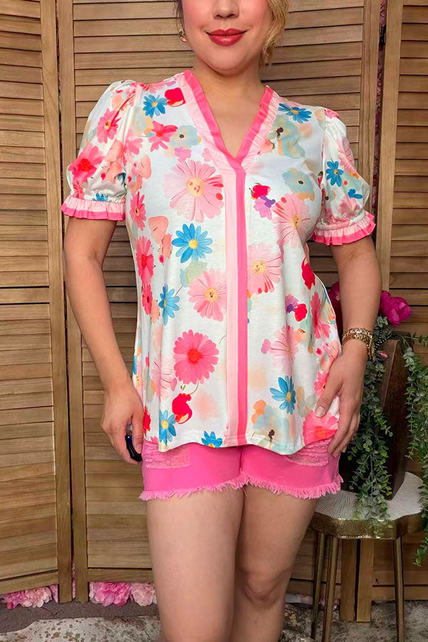 Trendy floral print women's boutique blouse w/stripe trim v-neck Southern Stitch GJQ17223