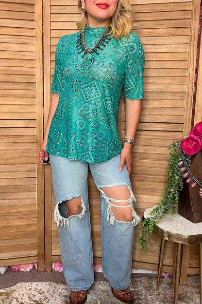 Western turquoise paisley sheer women's boutique top Southern Stitch XCH17202