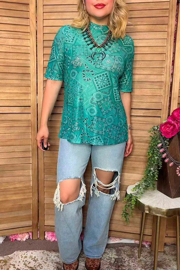 Western turquoise paisley sheer women's boutique top Southern Stitch XCH17202