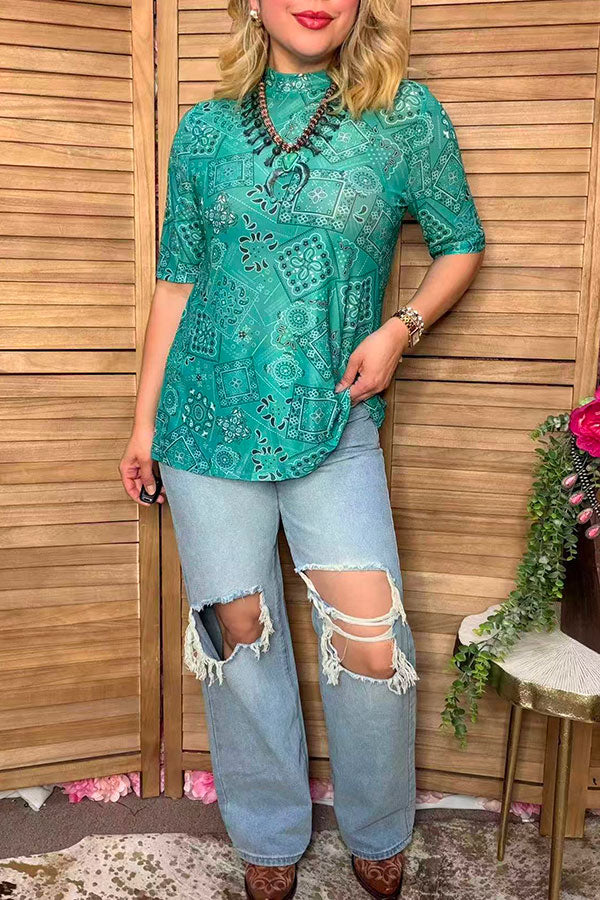 Western turquoise paisley sheer women's boutique top Southern Stitch XCH17202