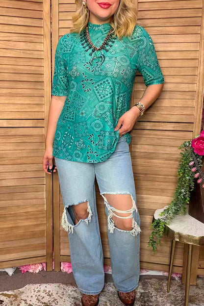 Western turquoise paisley sheer women's boutique top Southern Stitch XCH17202