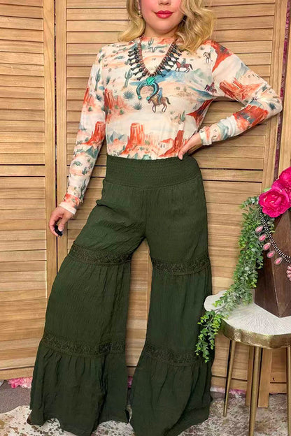 Western solid green wide leg women's boutique pant w/lace trim Southern Stitch XCH17317