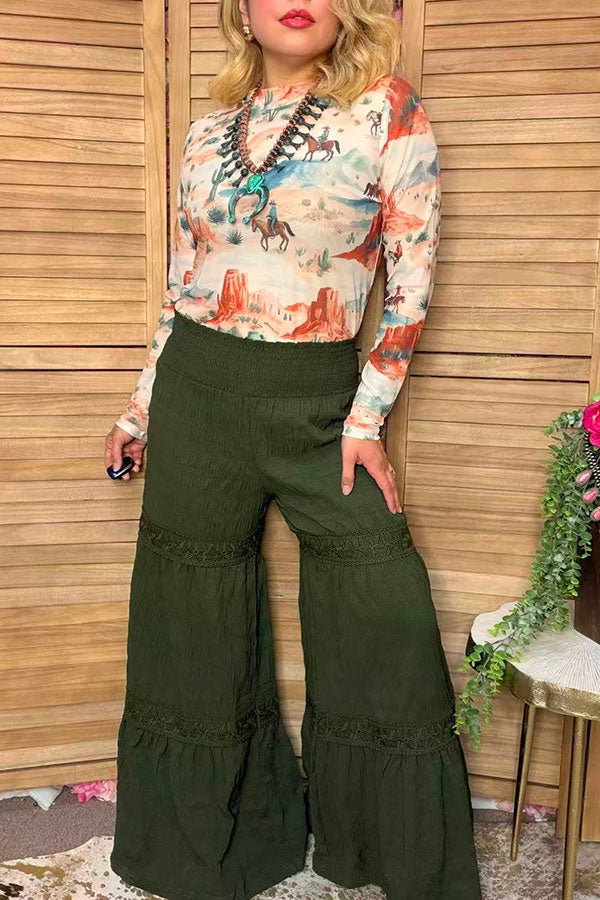 Western solid green wide leg women's boutique pant w/lace trim Southern Stitch XCH17317