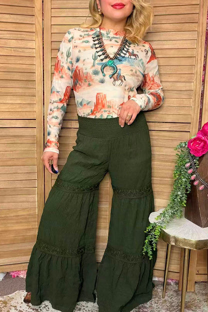 Western solid green wide leg women's boutique pant w/lace trim Southern Stitch XCH17317