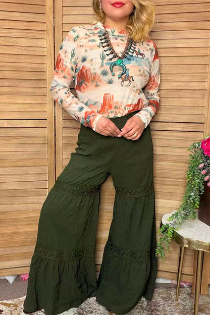 Western solid green wide leg women's boutique pant w/lace trim Southern Stitch XCH17317