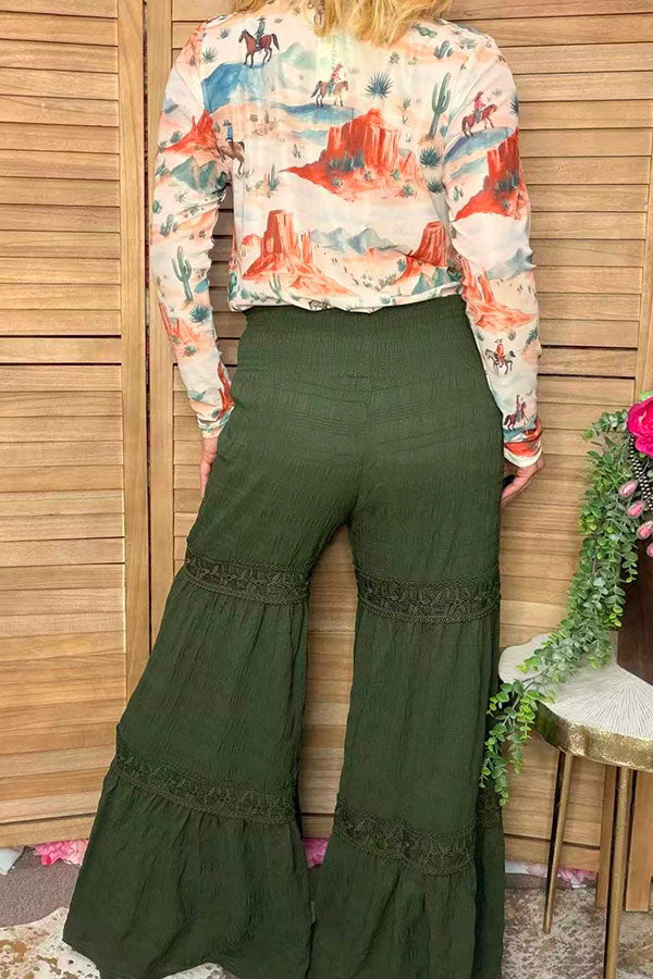 Western solid green wide leg women's boutique pant w/lace trim Southern Stitch XCH17317