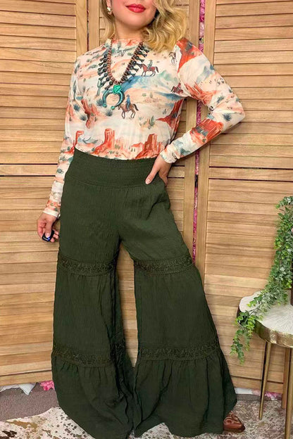 Western solid green wide leg women's boutique pant w/lace trim Southern Stitch XCH17317
