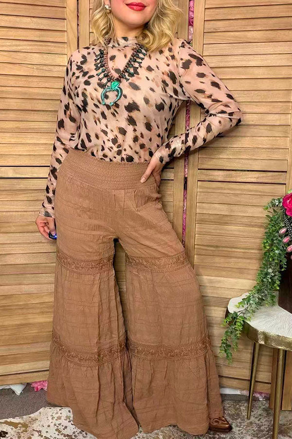 Western solid tan wide leg women's boutique pant w/lace trim Southern Stitch XCH17318