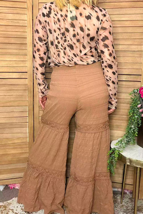 Western solid tan wide leg women's boutique pant w/lace trim Southern Stitch XCH17318