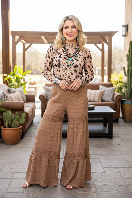 Western solid tan wide leg women's boutique pant w/lace trim Southern Stitch XCH17318