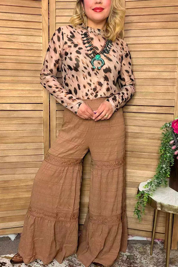 Western solid tan wide leg women's boutique pant w/lace trim Southern Stitch XCH17318