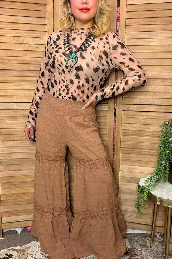 Western solid tan wide leg women's boutique pant w/lace trim Southern Stitch XCH17318