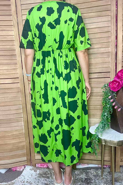 Western green cow print short sleeve women's boutique dress GJQ17304