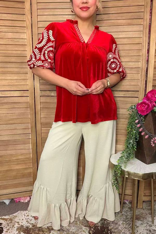 Western red velvet embroidery women's boutique top Southern Stitch XCH17312