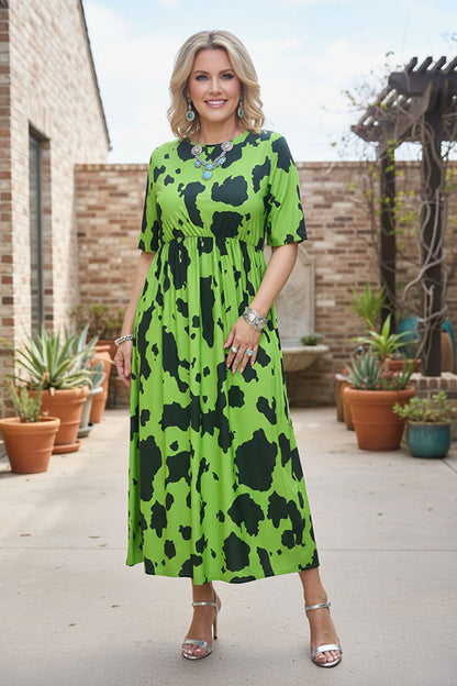 Western green cow print short sleeve women's boutique dress GJQ17304