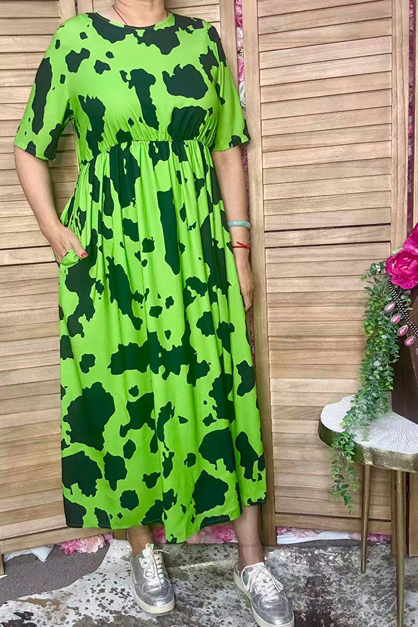 Western green cow print short sleeve women's boutique dress GJQ17304